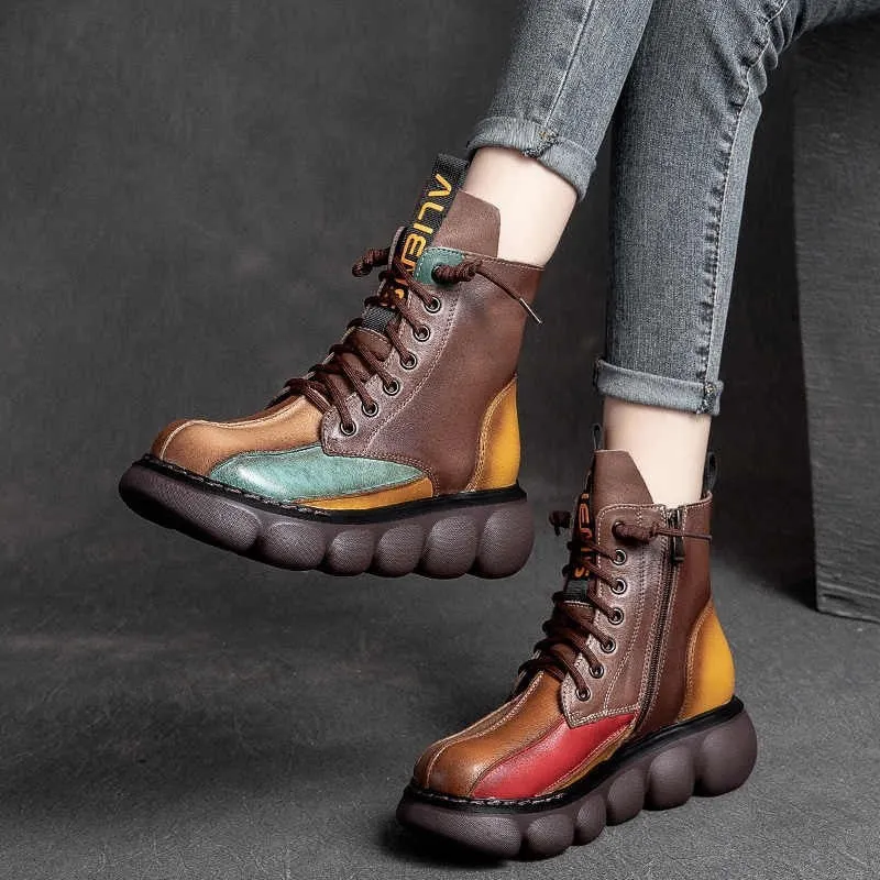 Autumn New Lace-up Booties Platform Muffin Rainbow Retro Soft Leather Women's Boots Fashion Trend Contrast Color Martin Boots