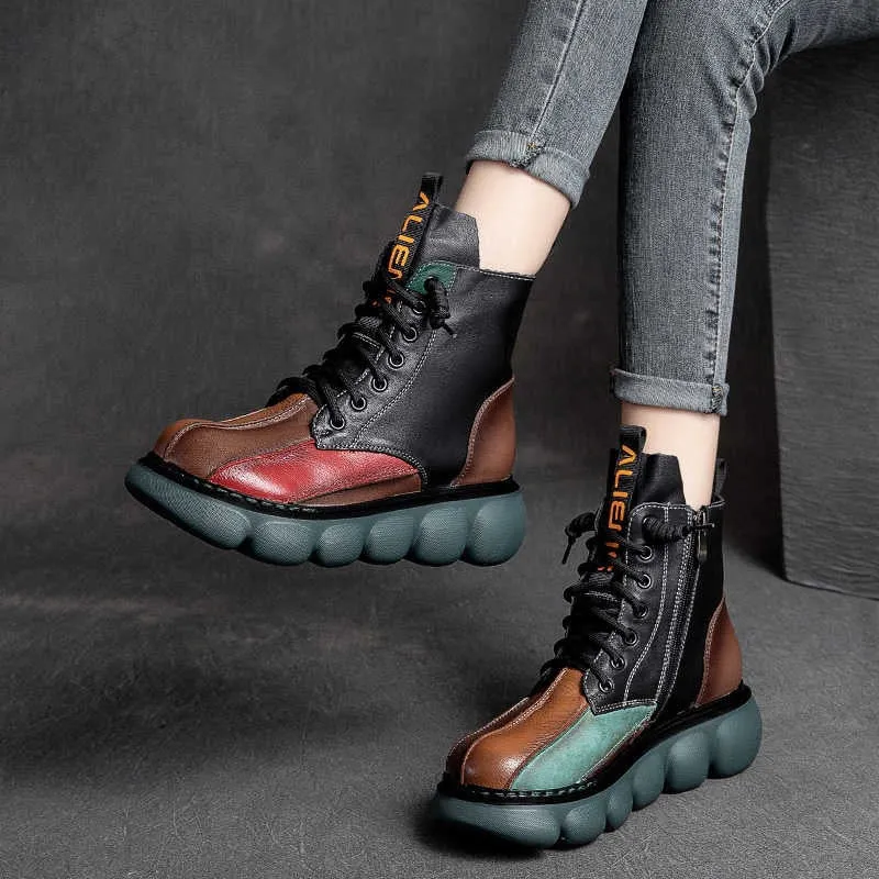 Autumn New Lace-up Booties Platform Muffin Rainbow Retro Soft Leather Women's Boots Fashion Trend Contrast Color Martin Boots