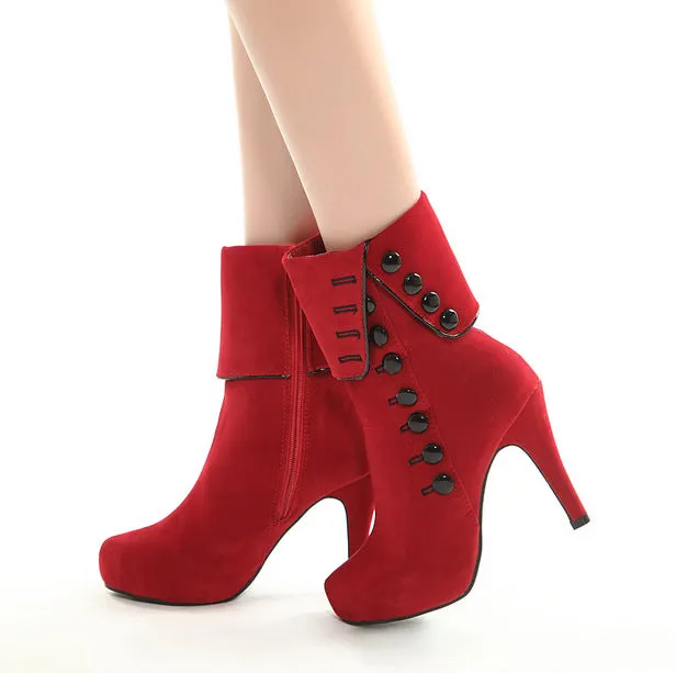 Button Suede High Heeled Ankle Boots 4654