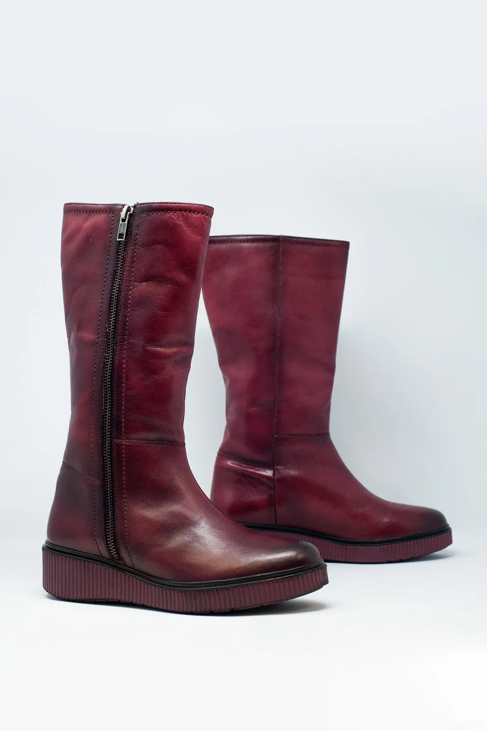 Chunky Zip Boots in Maroon