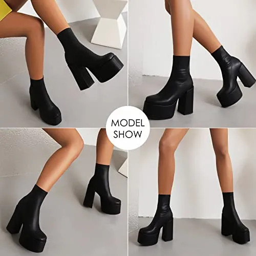 Easyfox Platform Boots for Women Mid Calf Chunky High Heels Ankle Booties Slip on Round Toe Elastic PU Leather Black Shoes size 7