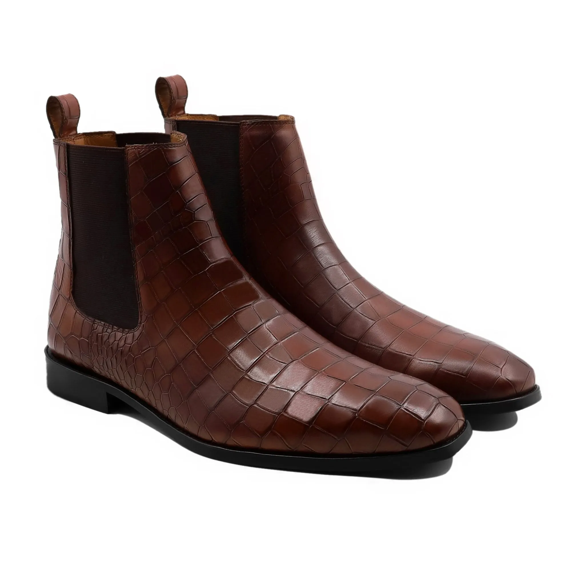 Haward - Men's Raddish Brown Crocodile Printed Calf Leather Chelsea Boot