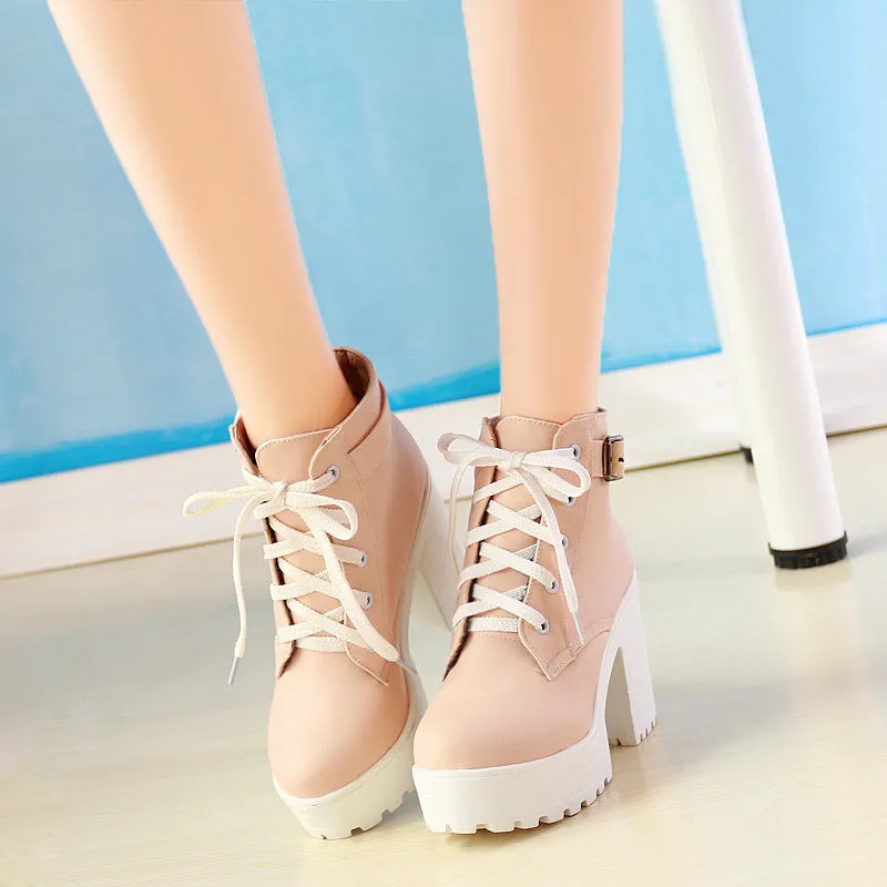 Lace Up Platform Chunky Heels Short Motorcycle Boots Plus Size Women Shoes 8489