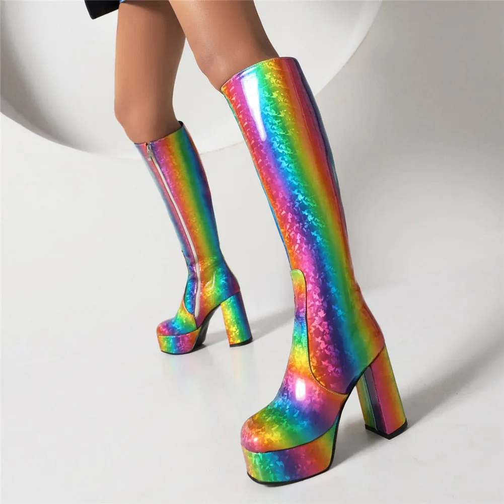 Lady's Platform Knee High Boots Fashion Print Bat Multicolor Thick High Heels