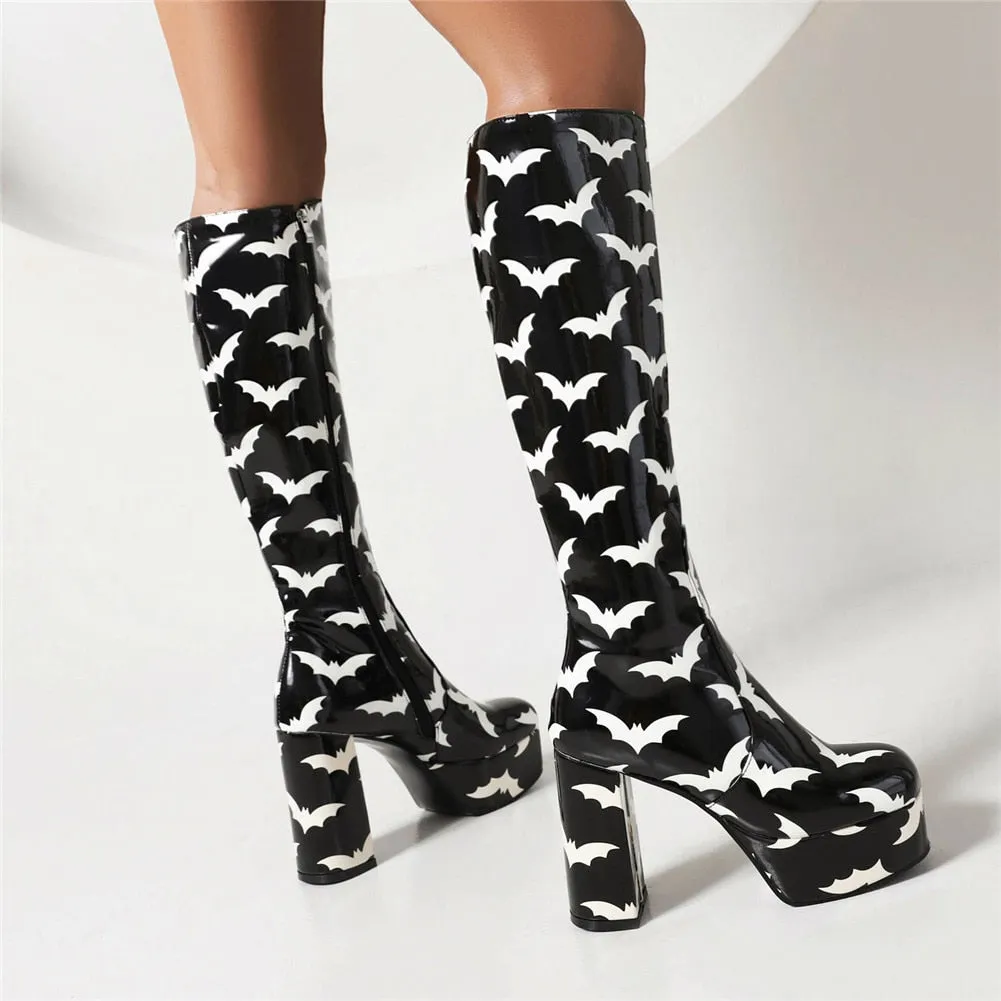 Lady's Platform Knee High Boots Fashion Print Bat Multicolor Thick High Heels