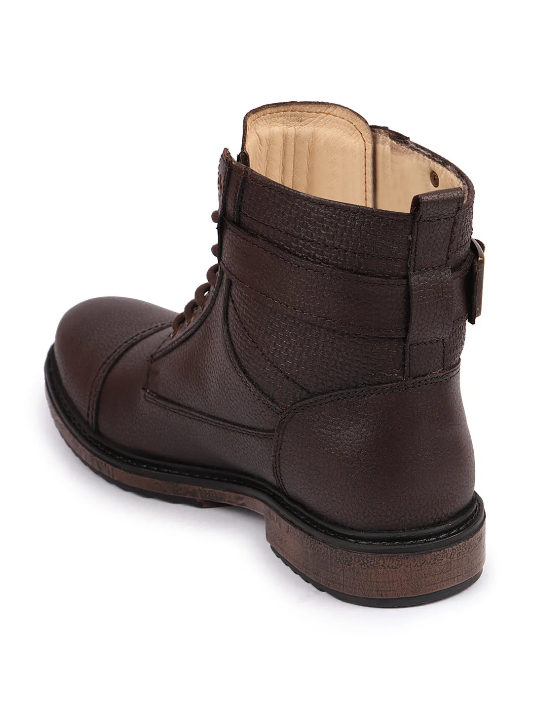 Men Brown High Top Genuine Leather 7-Eye Lace Up Buckle Strap Work Cap Toe Winter Flat Boots