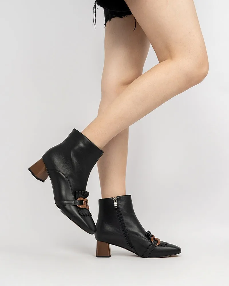 Metal Buckle Tassel Block Heel Ankle Boots