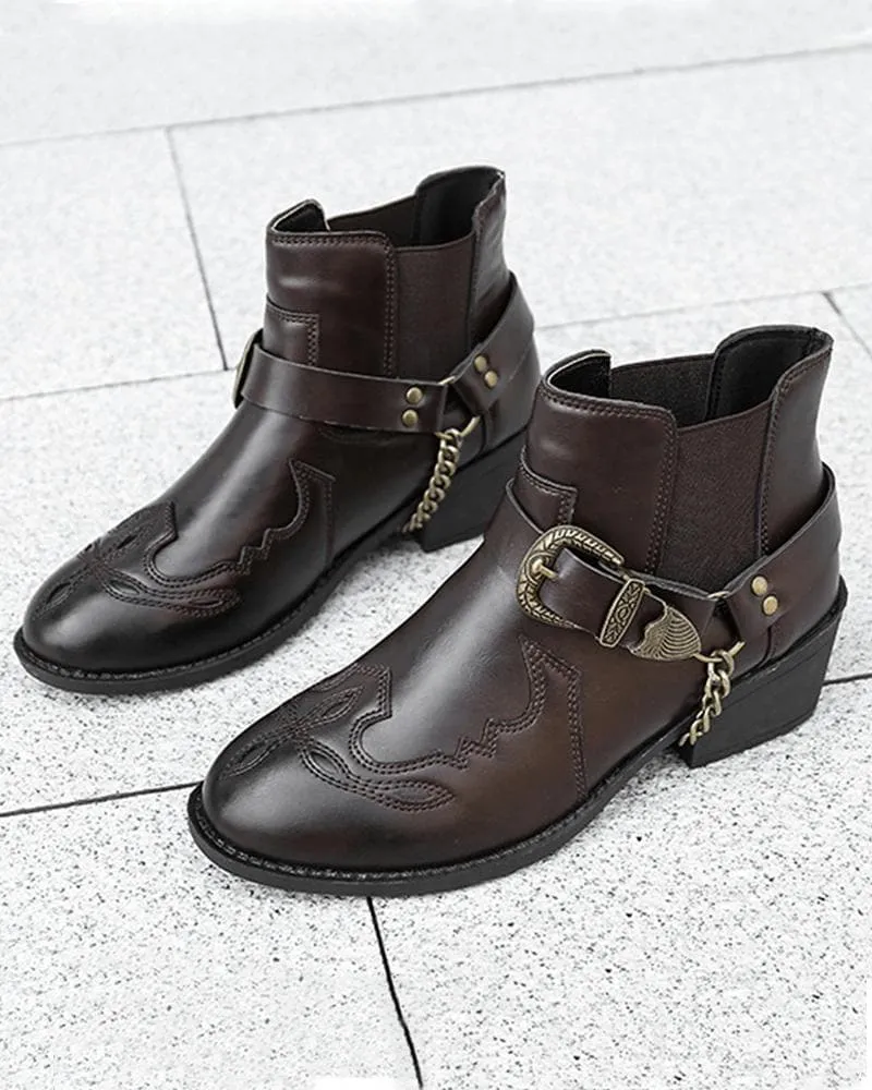 Retro Buckle Decoration Slip On Ankle Boots