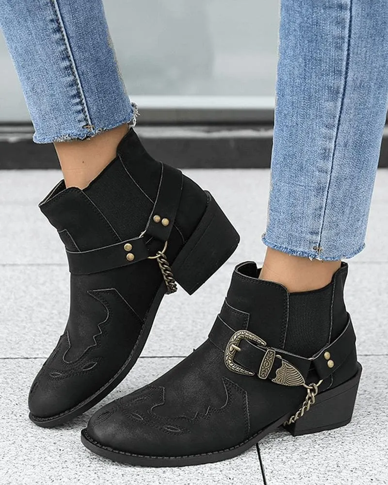 Retro Buckle Decoration Slip On Ankle Boots