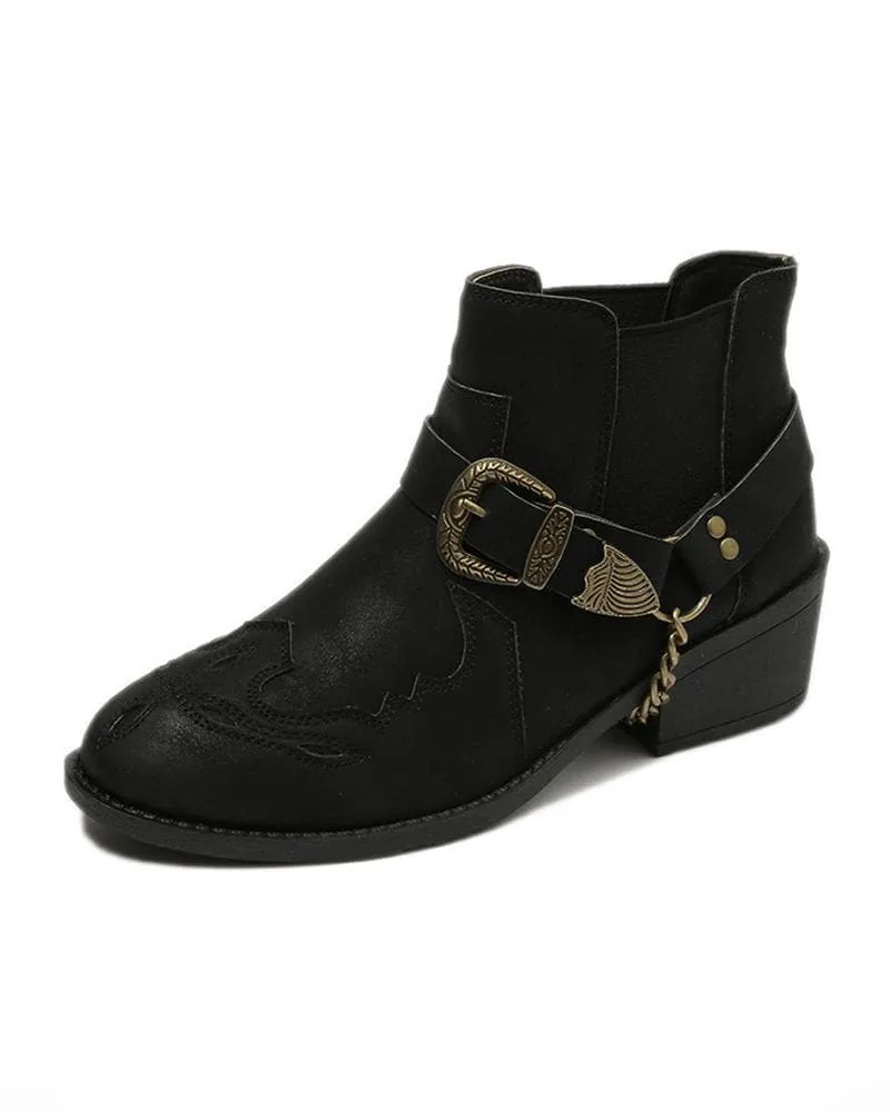 Retro Buckle Decoration Slip On Ankle Boots