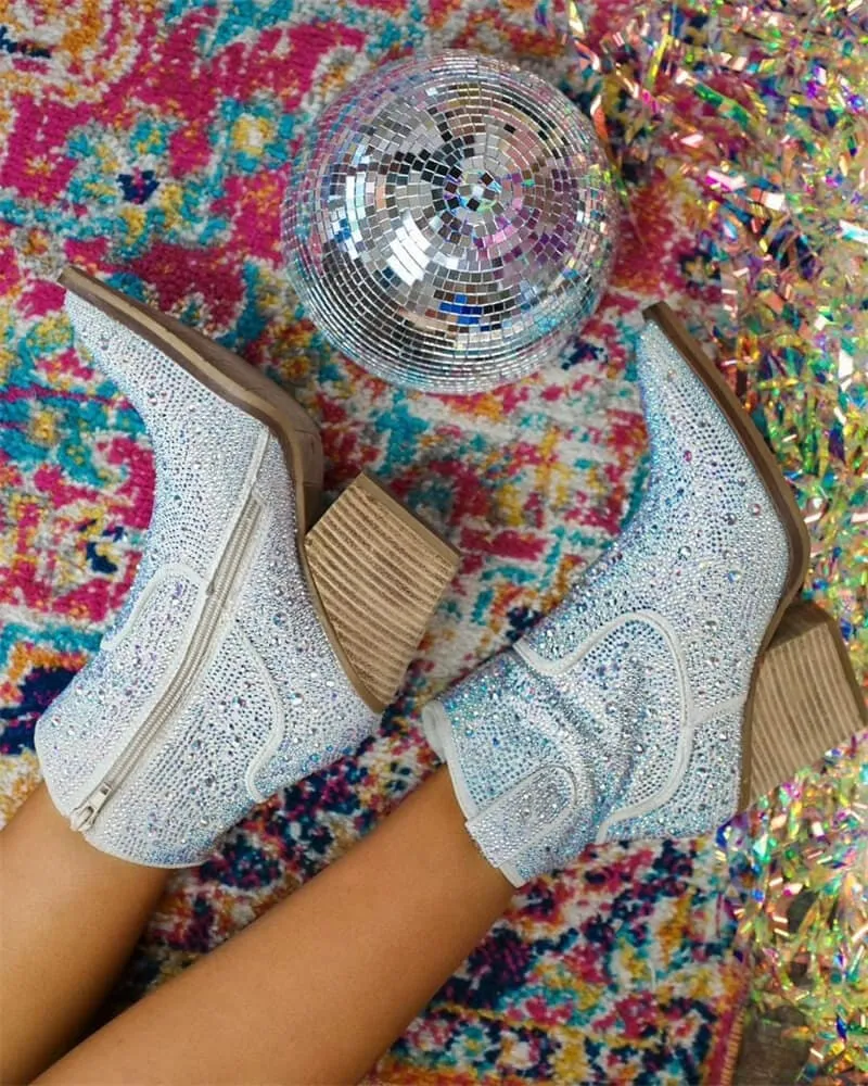 Rhinestone Pointed Toe Zipper Ankle Boots