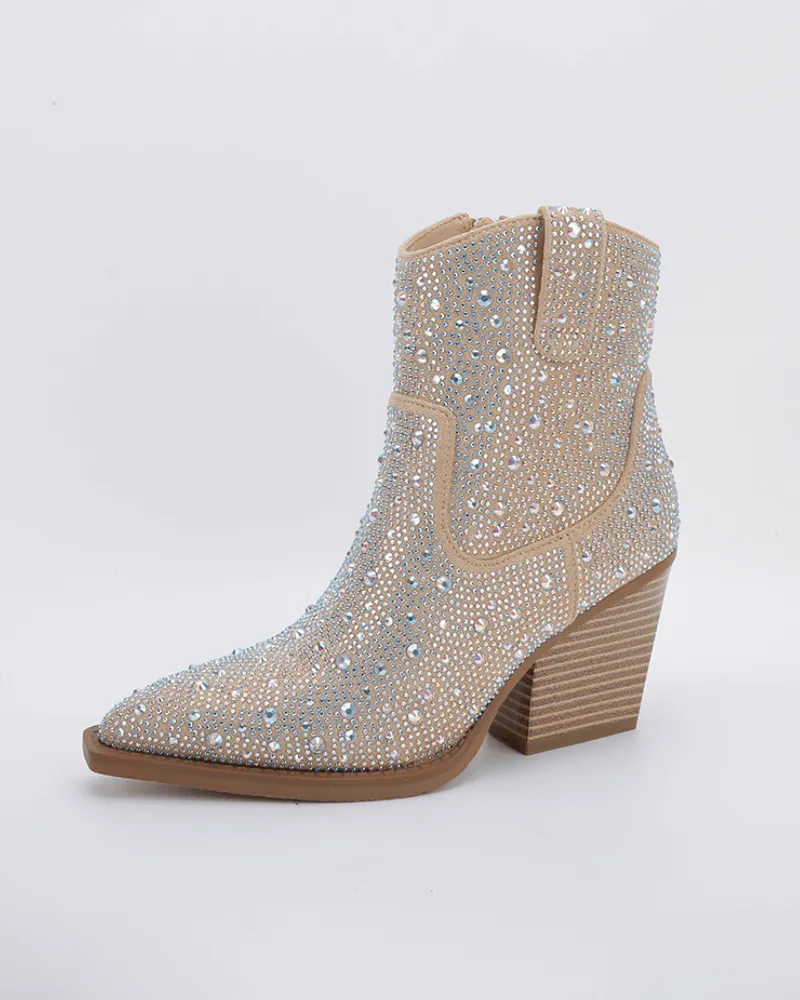 Rhinestone Pointed Toe Zipper Ankle Boots