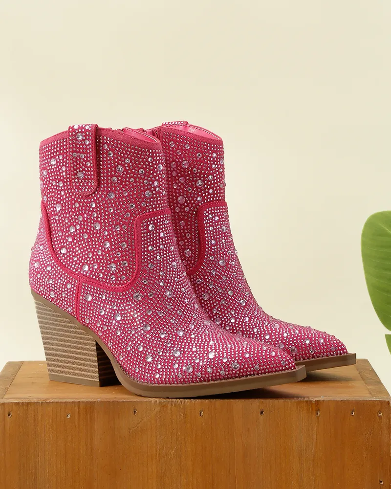 Rhinestone Pointed Toe Zipper Ankle Boots