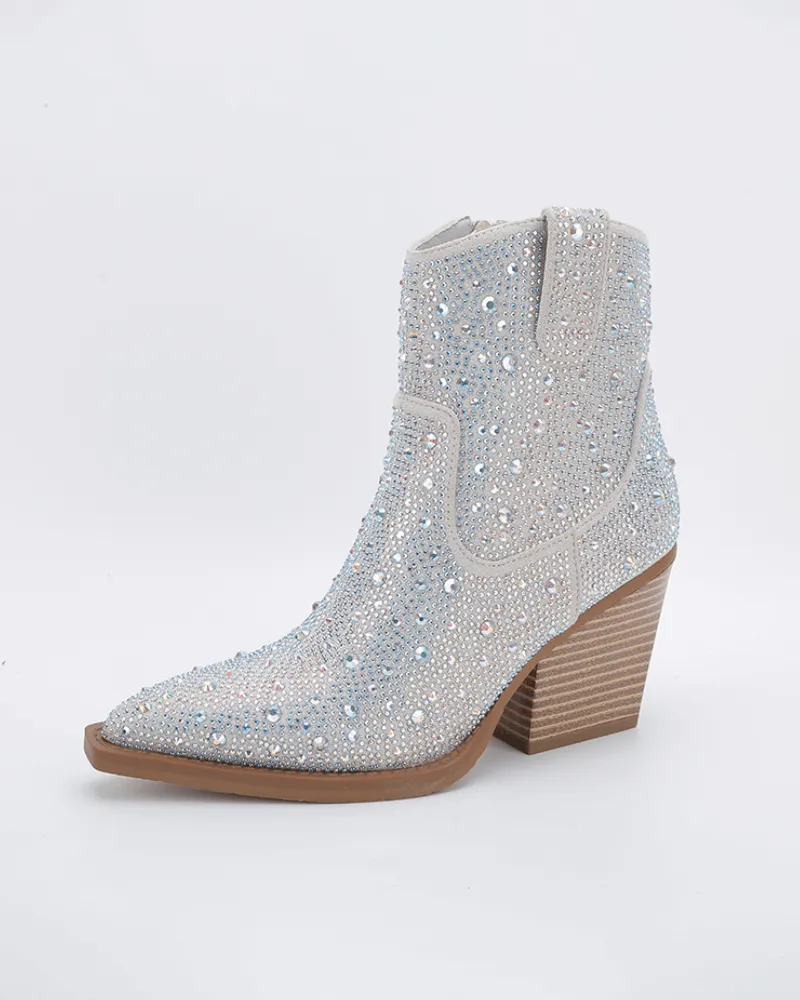 Rhinestone Pointed Toe Zipper Ankle Boots