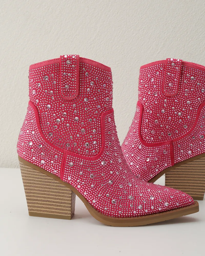 Rhinestone Pointed Toe Zipper Ankle Boots