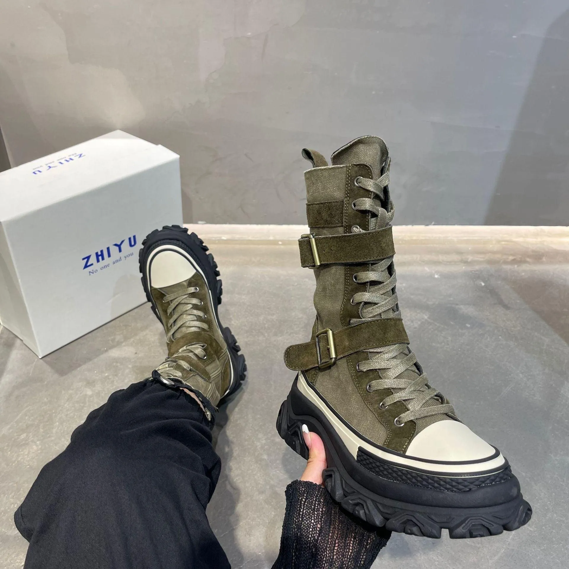 Strap Platform Camo Sneaker Boots