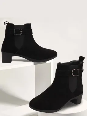 Women Black Flared Heel High Ankle Suede Leather Classic Winter Buckle Strap Chelsea Boots