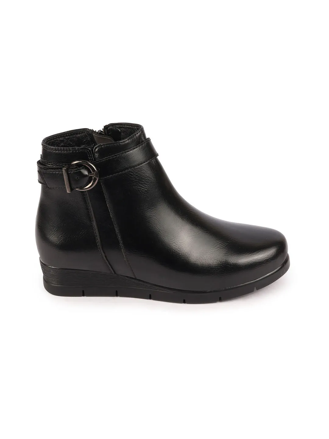 Women Black High Ankle Broad Feet Side Zipper Closure Casual Buckle Boots