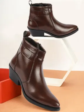 Women Brown Mid Top Side Zipper Slip On Flared Heel Pointed Toe Chelsea Boots