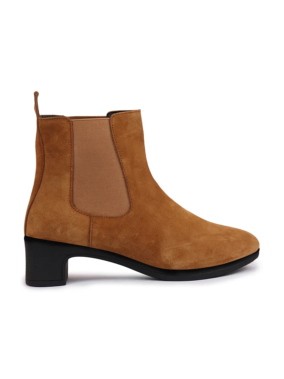 Women Camel Flared Heel High Ankle Suede Leather Classic Winter Chelsea Boots