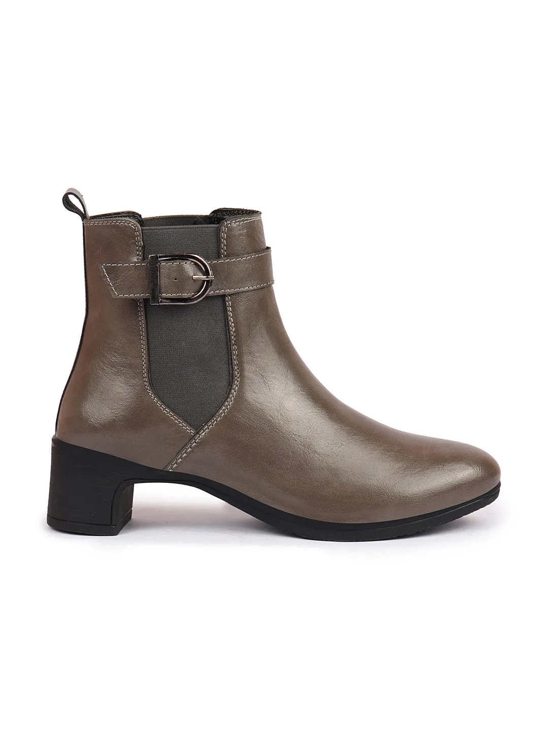 Women Grey Flared Heel High Ankle Classic Winter Buckle Strap Chelsea Boots