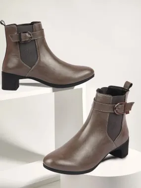 Women Grey Flared Heel High Ankle Classic Winter Buckle Strap Chelsea Boots