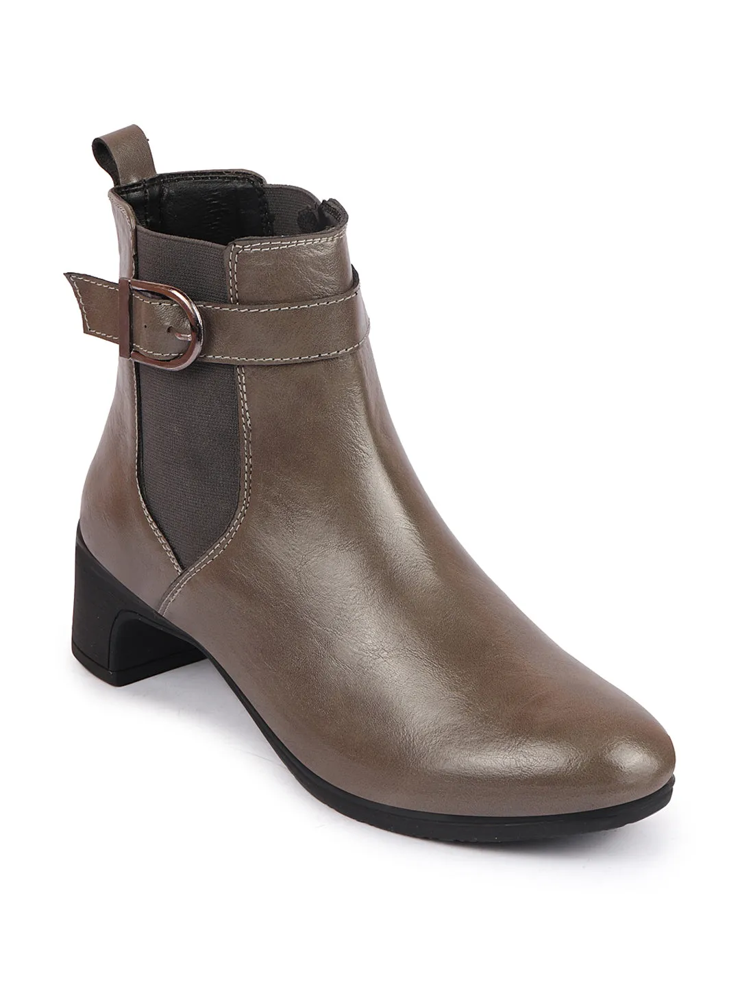 Women Grey Flared Heel High Ankle Classic Winter Buckle Strap Chelsea Boots