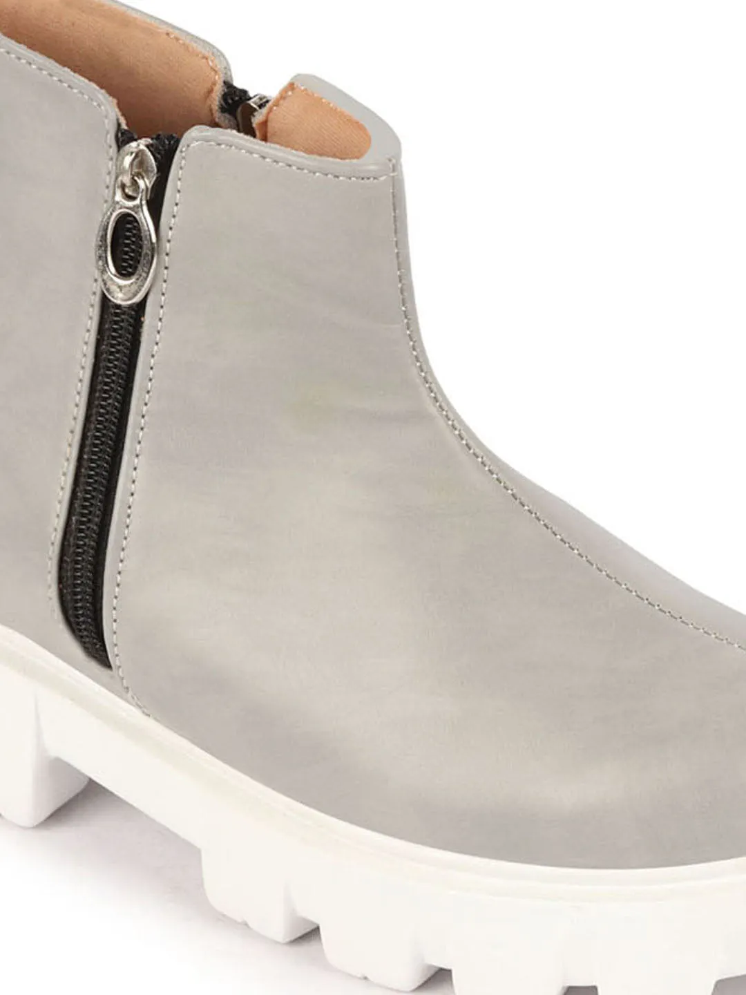 Women Grey Outdoor High Top Chunky Side Zipper Office Work Boots