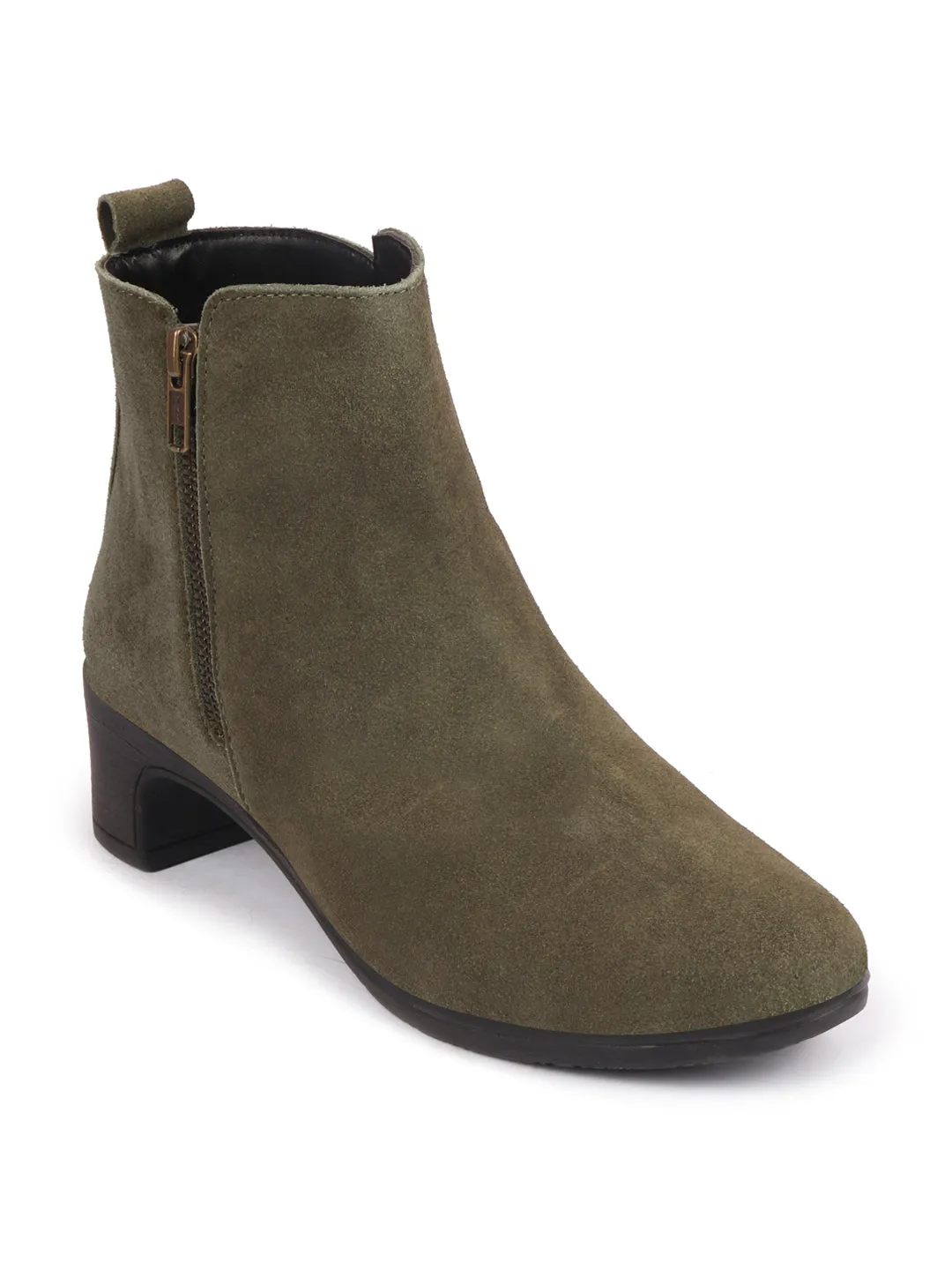 Women Olive Flared Heel Mid Top Suede Leather Zipper Closure Winter Chelsea Boots