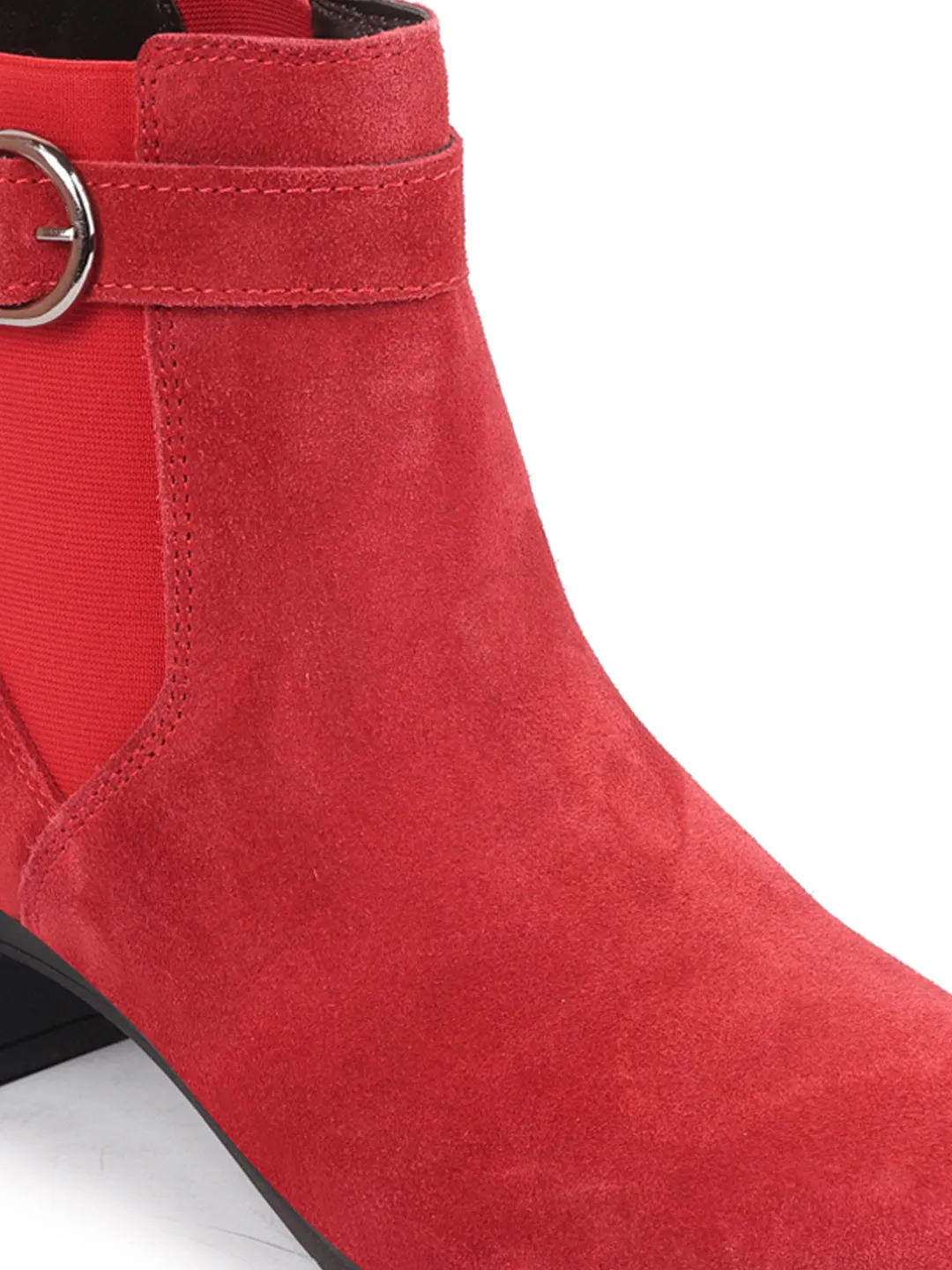 Women Red Flared Heel High Ankle Suede Leather Classic Winter Buckle Strap Chelsea Boots