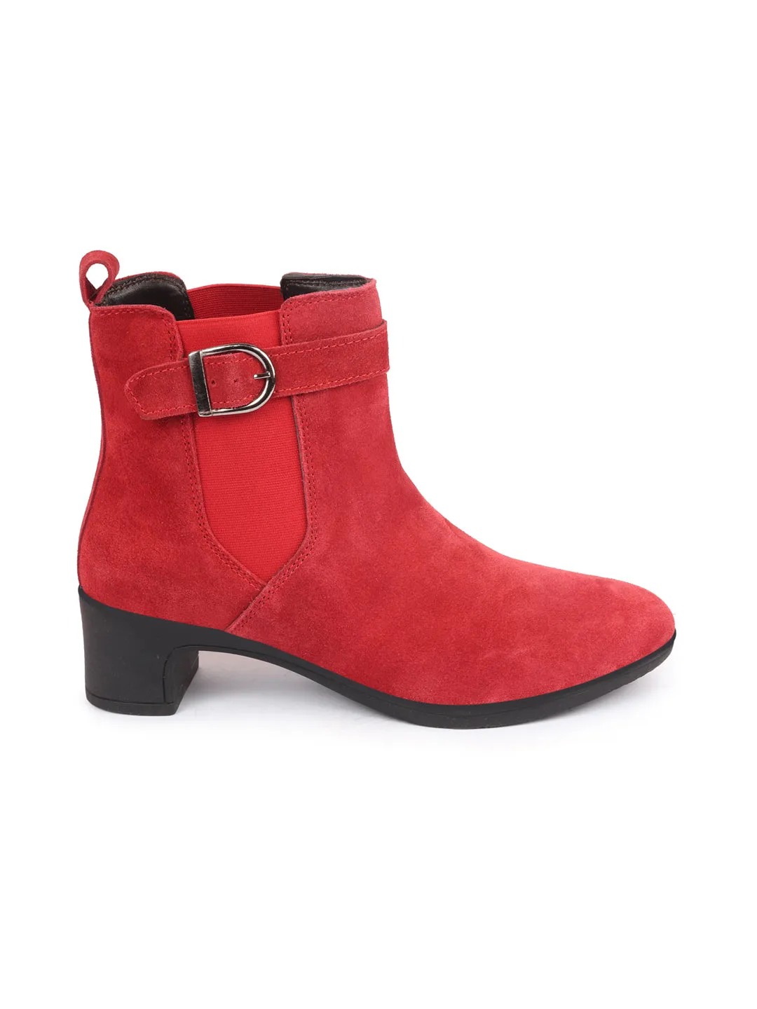 Women Red Flared Heel High Ankle Suede Leather Classic Winter Buckle Strap Chelsea Boots