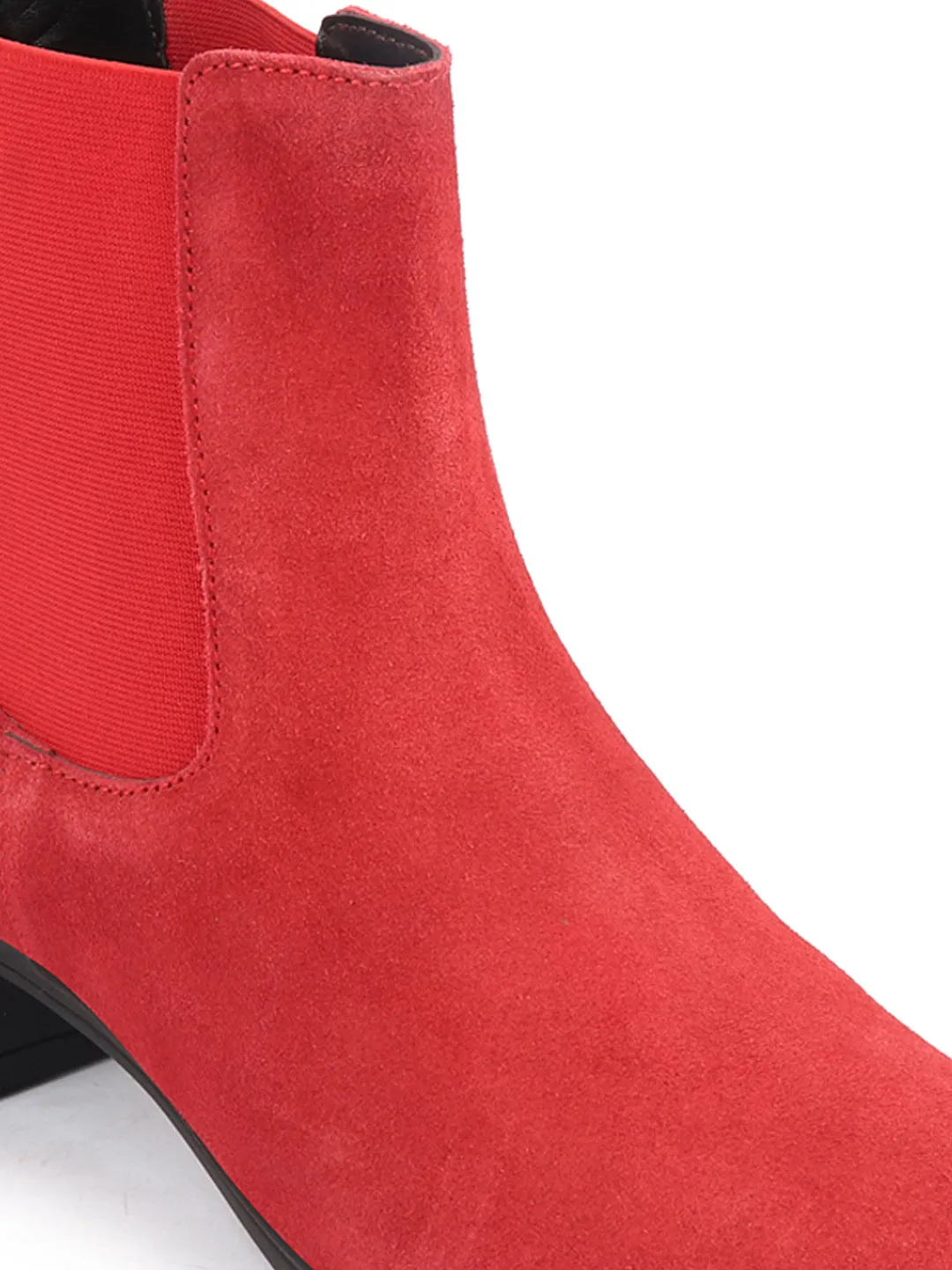 Women Red Flared Heel High Ankle Suede Leather Classic Winter Chelsea Boots