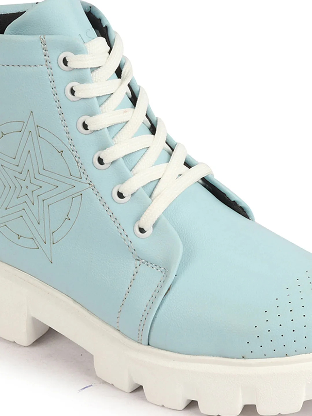 Women Sky Blue Outdoor Winter High Top Chunky Lace Up Casual Boots