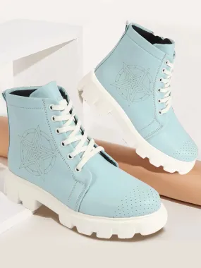 Women Sky Blue Outdoor Winter High Top Chunky Lace Up Casual Boots