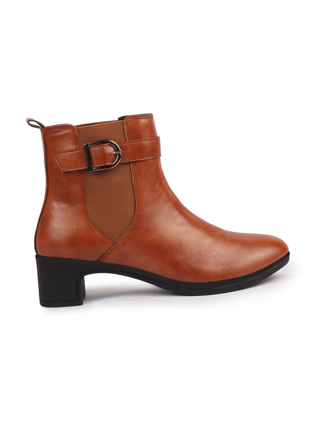 Women Tan Flared Heel High Ankle Classic Winter Buckle Strap Chelsea Boots