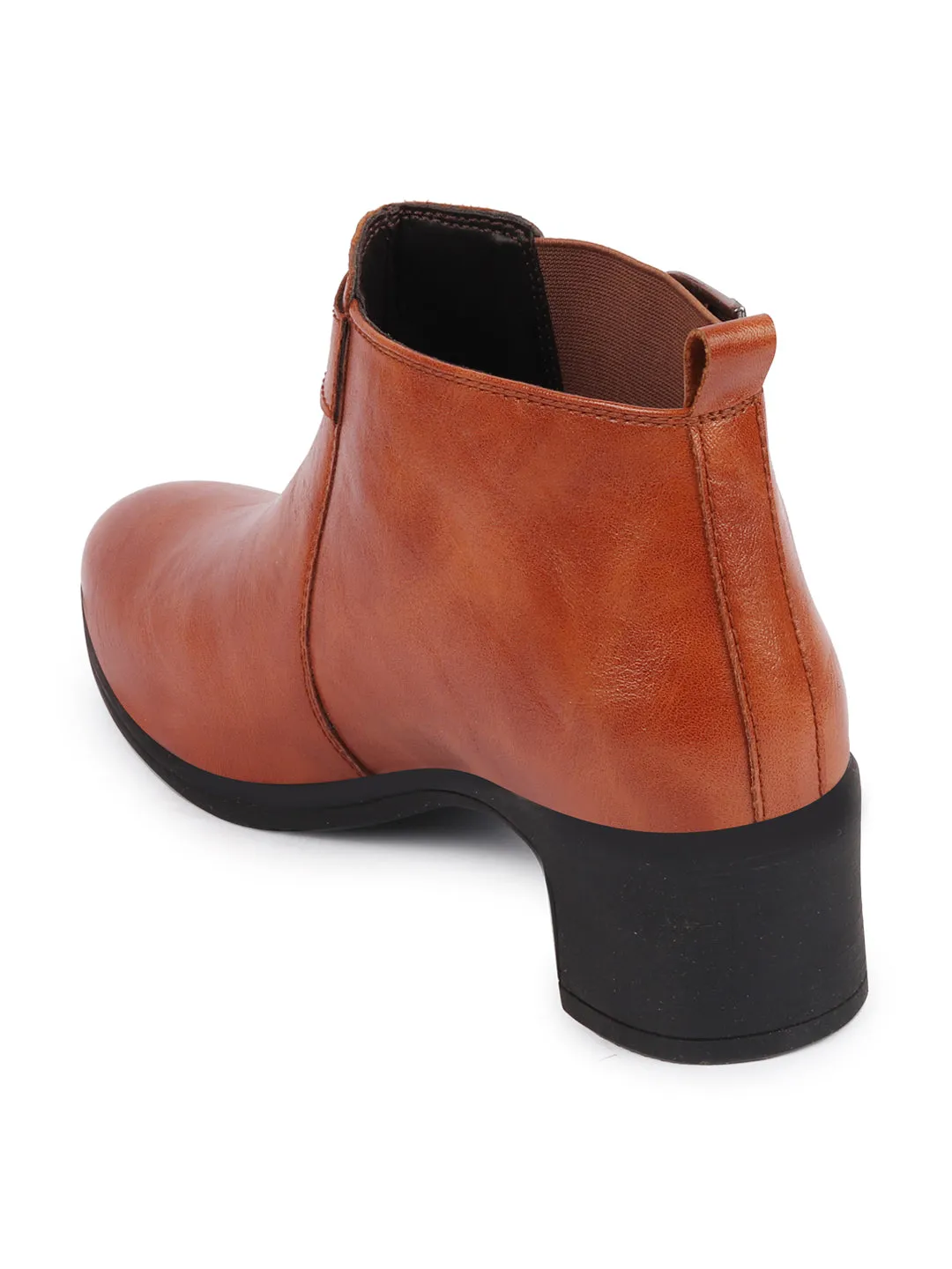 Women Tan Flared Heel Mid Ankle Classic Winter Buckle Strap Chelsea Boots