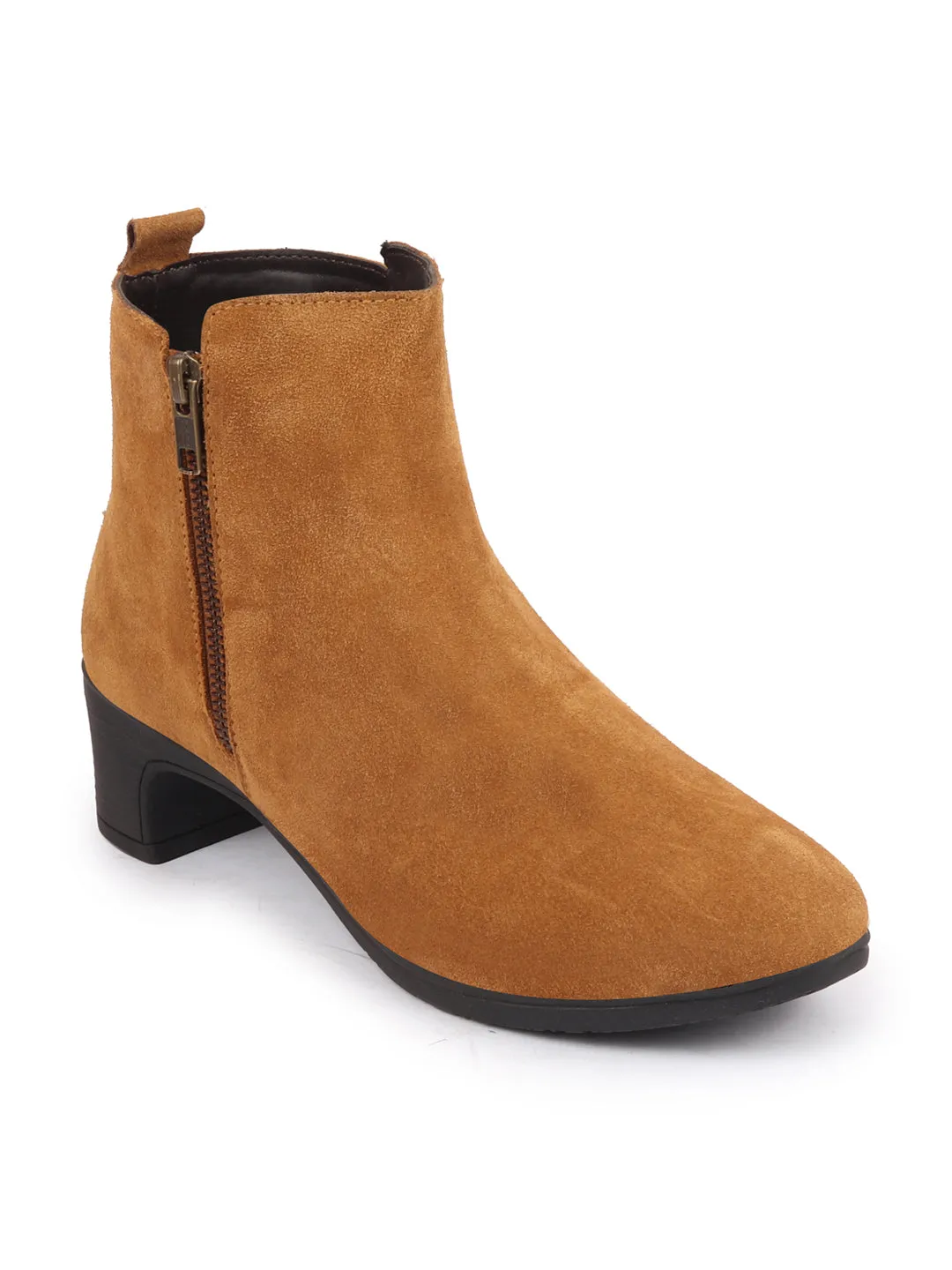 Women Tan Flared Heel Mid Top Suede Leather Zipper Closure Winter Chelsea Boots