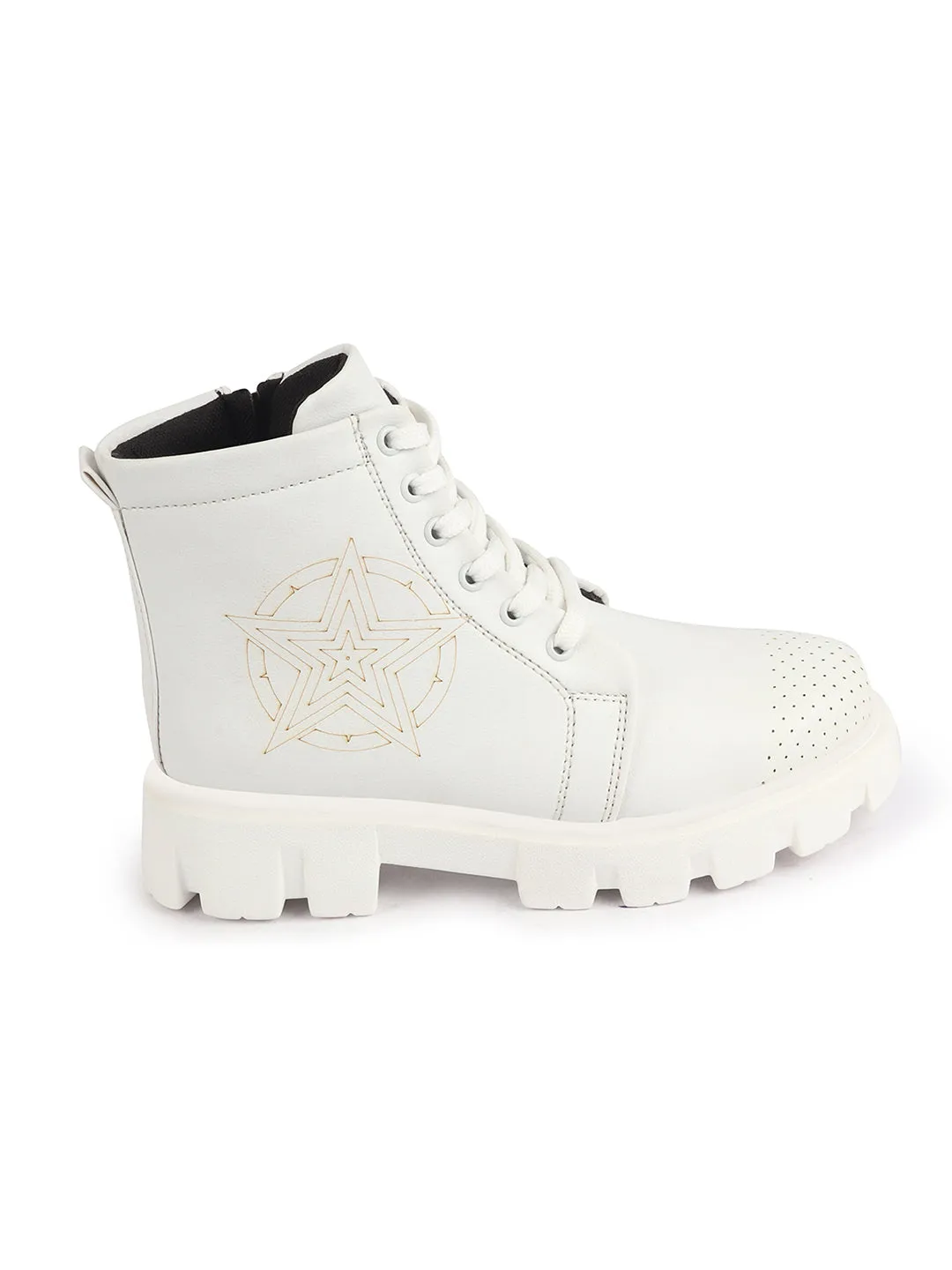 Women White Outdoor Winter High Top Chunky Lace Up Casual Boots