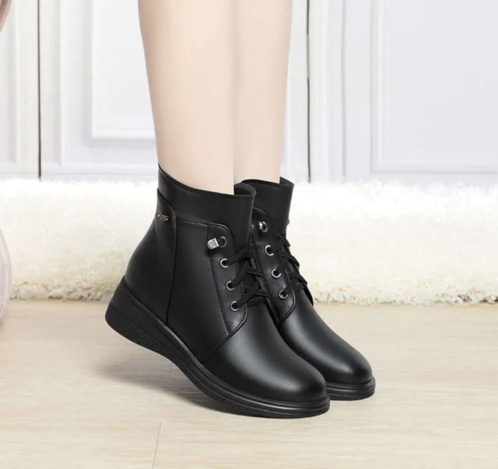 Women's Ankle Boots Lace-Up Warm Fluff Wedge Heel Booties