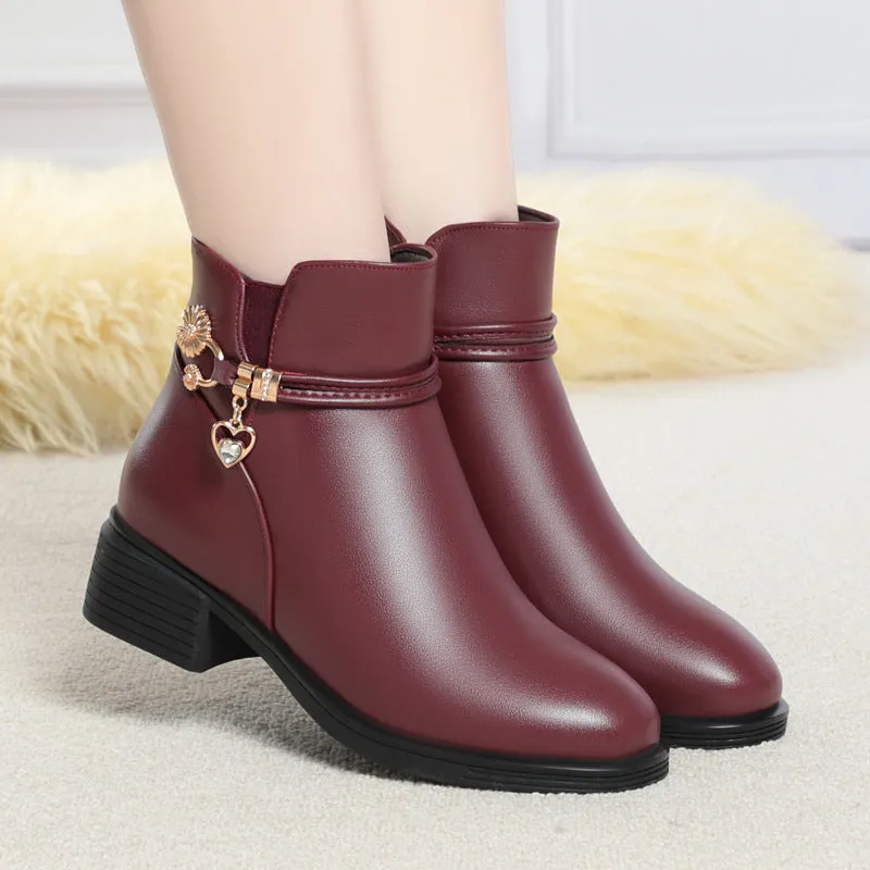 Women's Ankle Boots Zippers Warm Fluff Block Chunky Heel Booties