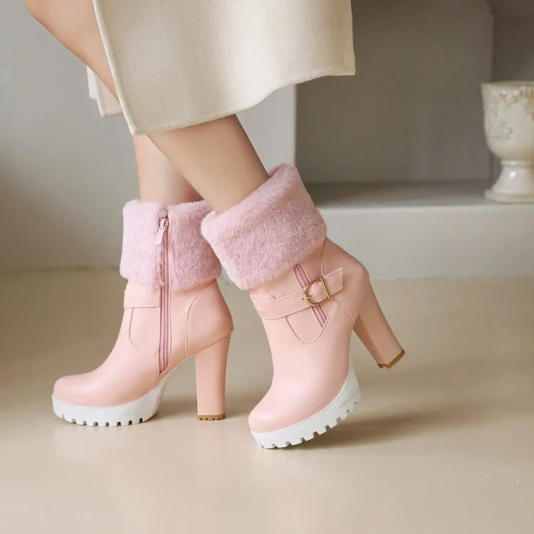 Women's Booties Fold Side Zippers Buckle Straps Block Chunky Heel Platform Short Boots