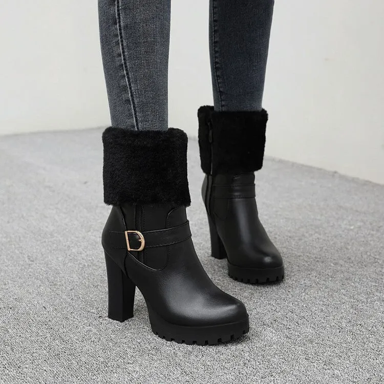 Women's Booties Fold Side Zippers Buckle Straps Block Chunky Heel Platform Short Boots