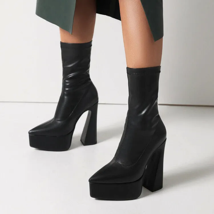 Women's Booties Pu Leather Pointed Toe Spool Heel Platform Short Boots