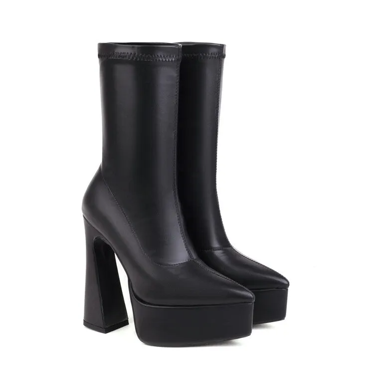 Women's Booties Pu Leather Pointed Toe Spool Heel Platform Short Boots