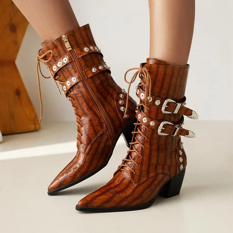 Women's Crocodile Pattern Pointed Toe Rivets Block Heel Mid Calf Boots