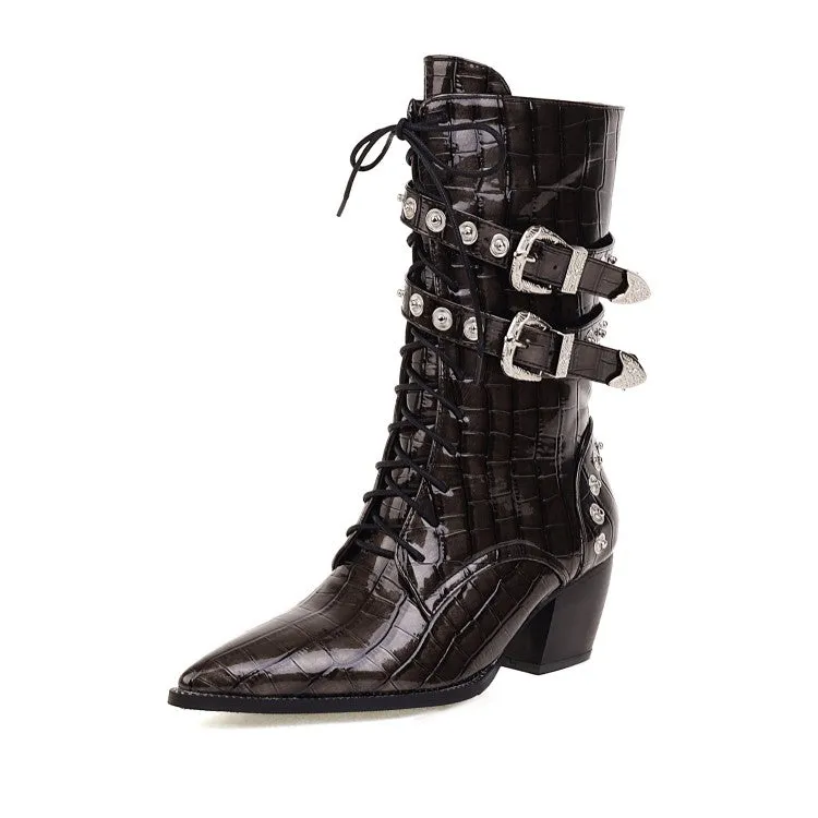 Women's Crocodile Pattern Pointed Toe Rivets Block Heel Mid Calf Boots