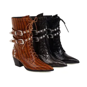 Women's Crocodile Pattern Pointed Toe Rivets Block Heel Mid Calf Boots