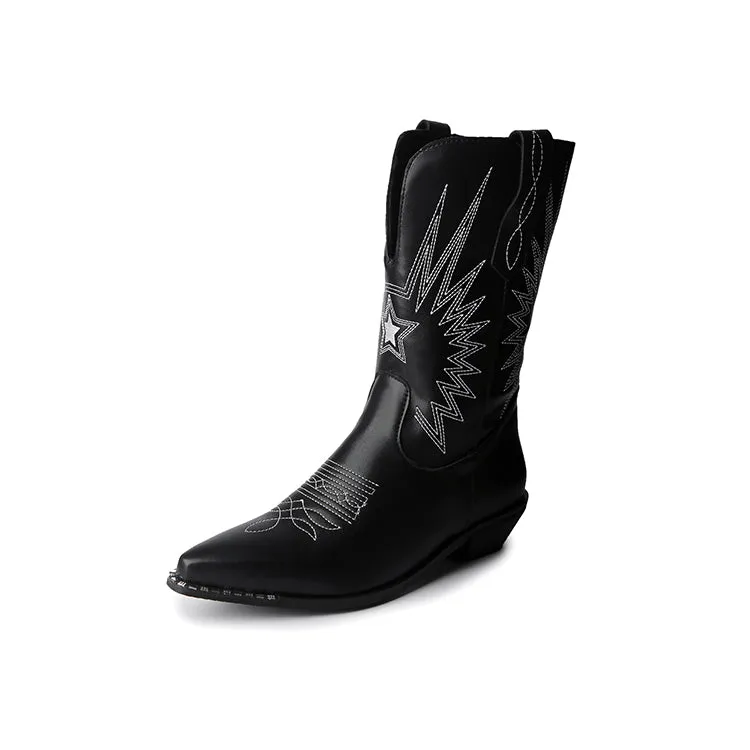 Women's Embroidery Pointed Toe Low Heels Cowboy Mid Calf Boots