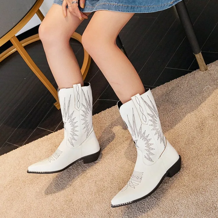 Women's Embroidery Pointed Toe Low Heels Cowboy Mid Calf Boots