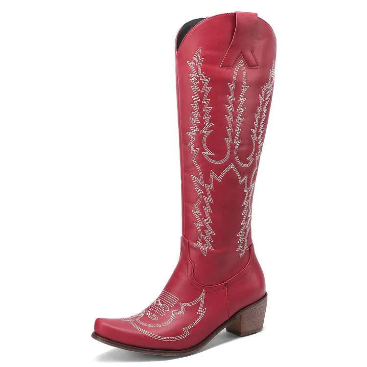 Women's Embroidery Puppy Heel Cowboy Knee High Boots